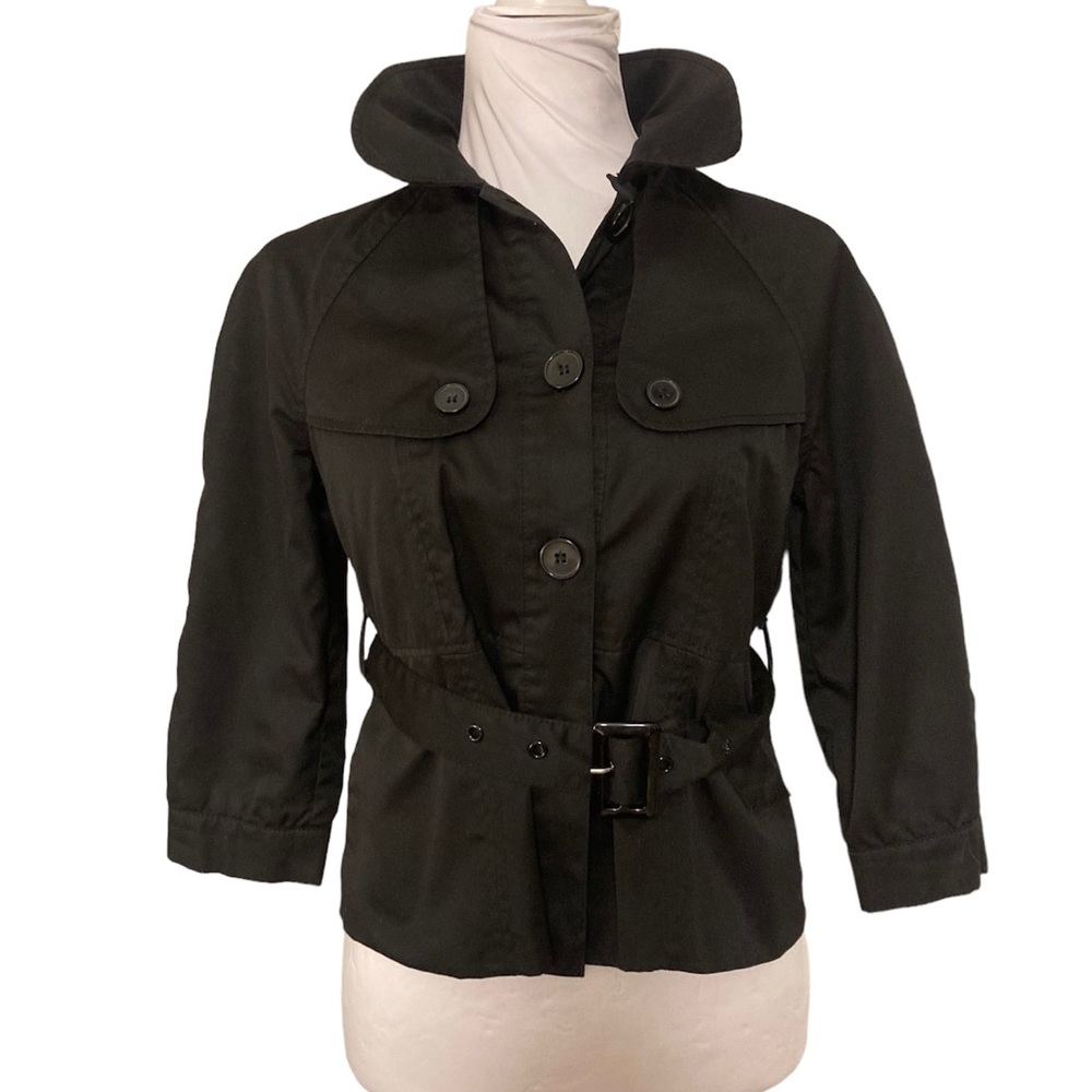 H&M Black Cropped Belted Print lined Trench Jacket